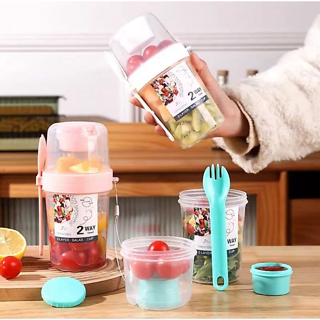 Copo Portátil Para Salada e Frutas - Pote Duplo Com Tampa, Colher e Divisória Multiuso