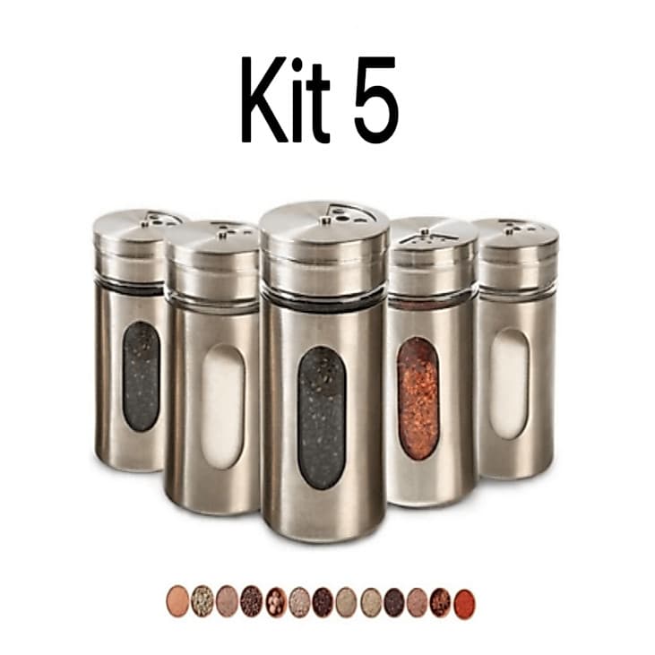 Kit 5 Saleiros Pimenteiro Condimentos Premium Vidro Aço Inox Com Visor