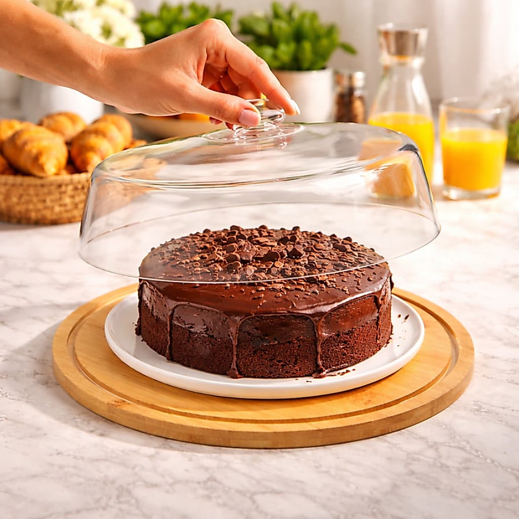 Boleira Bambu Com Tampa Em Acrílico Porta Bolo Para Bolo Torta Pudim Queijo 28cm