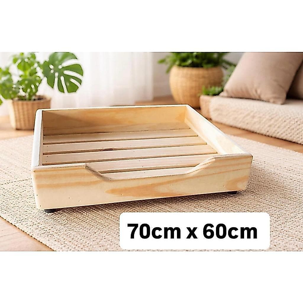 Cama Pet para Cães e Gatos, Madeira Maciça, 70cm x 60cm, Pinus, Natural, Rústica