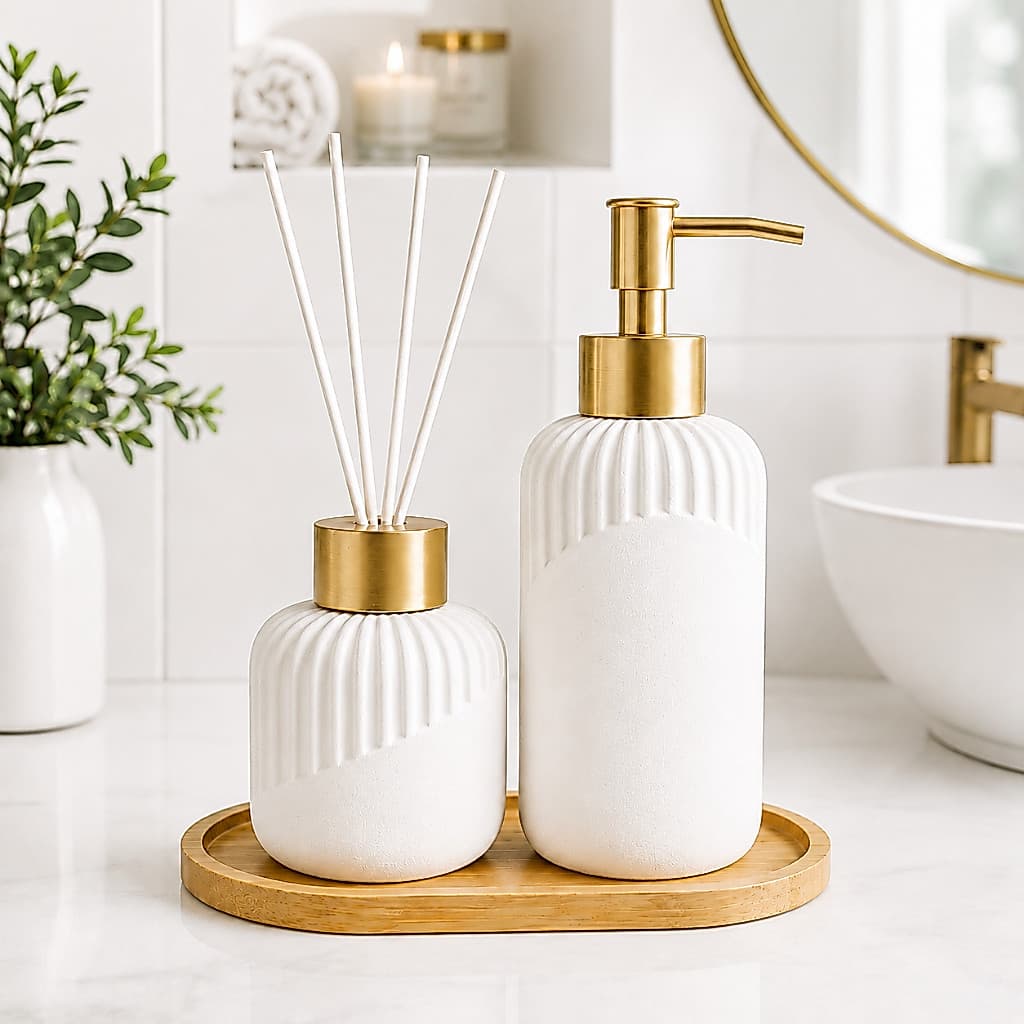 Kit Banheiro Lavabo Completo Porta Sabonete Liquido Dispenser Porta Escova Cerâmica