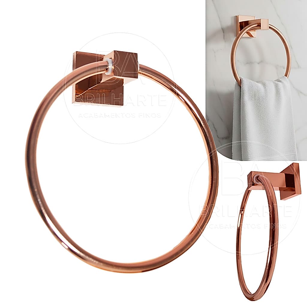 Acessório Toalheiro Porta Toalha de Rosto e Maõs Argola Para Banheiro Quadrado Rose Gold Brilhante Metal Luxo
