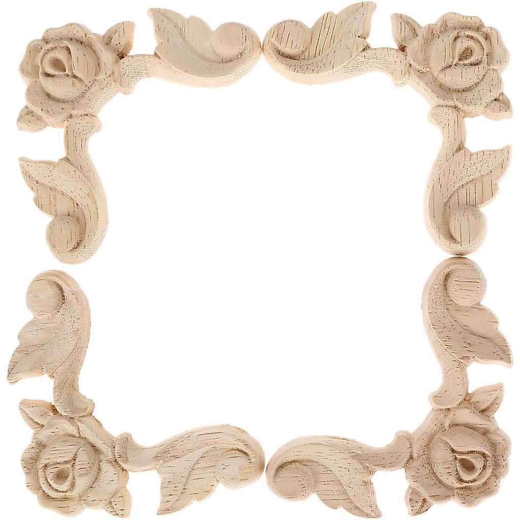 MUXSAM Rose Carved Appliques Onlays, 4-Pack Unpainted Wood Carvings Decals Corner Decorative Plaques for Cabinet Walls D