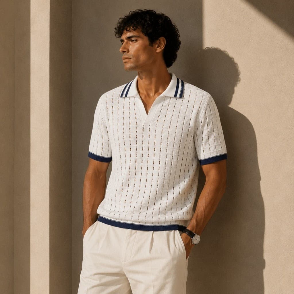Camisa Polo Masculina Crochê Tricô Vazado Casual Manga Curta Estilo Retrô Elegante Confortável