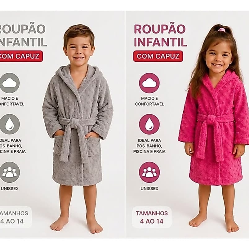 Roupão infantil microfibra manga longa 02 ao 14