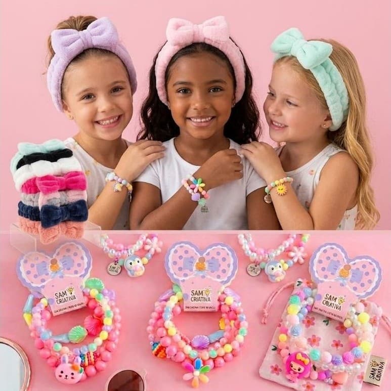 KIT Pulseira infantil + Faixa de Laço Maquiagem Makeup Tiara Cabelo Rosto Limpo faixa para maquiagem