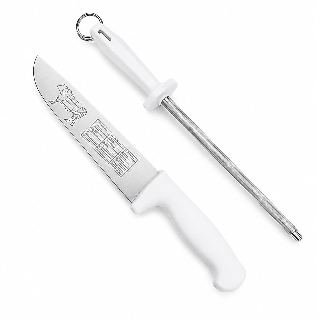 Faca de Churrasco 10” + Chaira Afiador Amolador Profissional 38cm Aço Inox para Açougue Churrasco