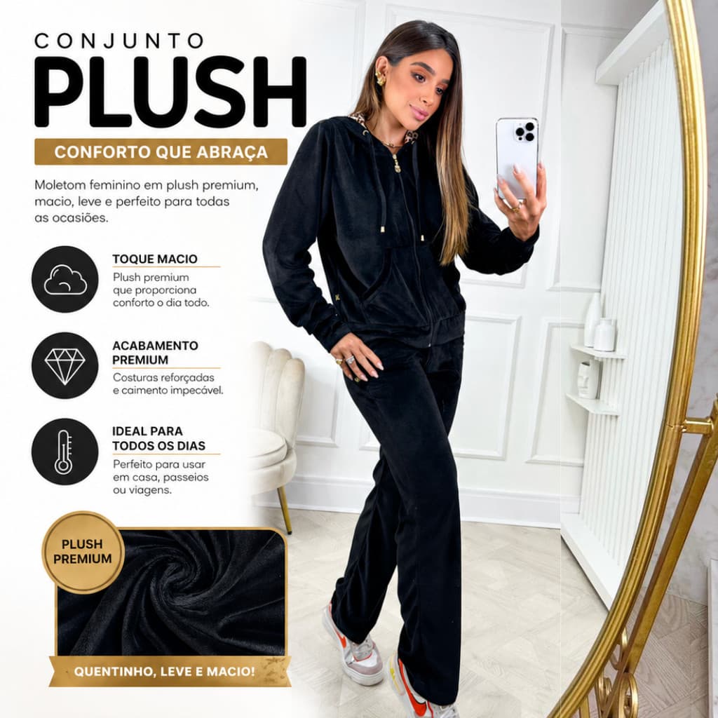 Conjunto Feminino de Plush c/Capuz de Onça Outono Inverno Calça e Blusa