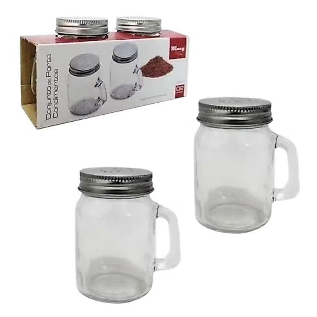 Kit Porta Condimentos Vidro 2 Potes Com Tampa Dosadora e Alça Temperos Cozinha