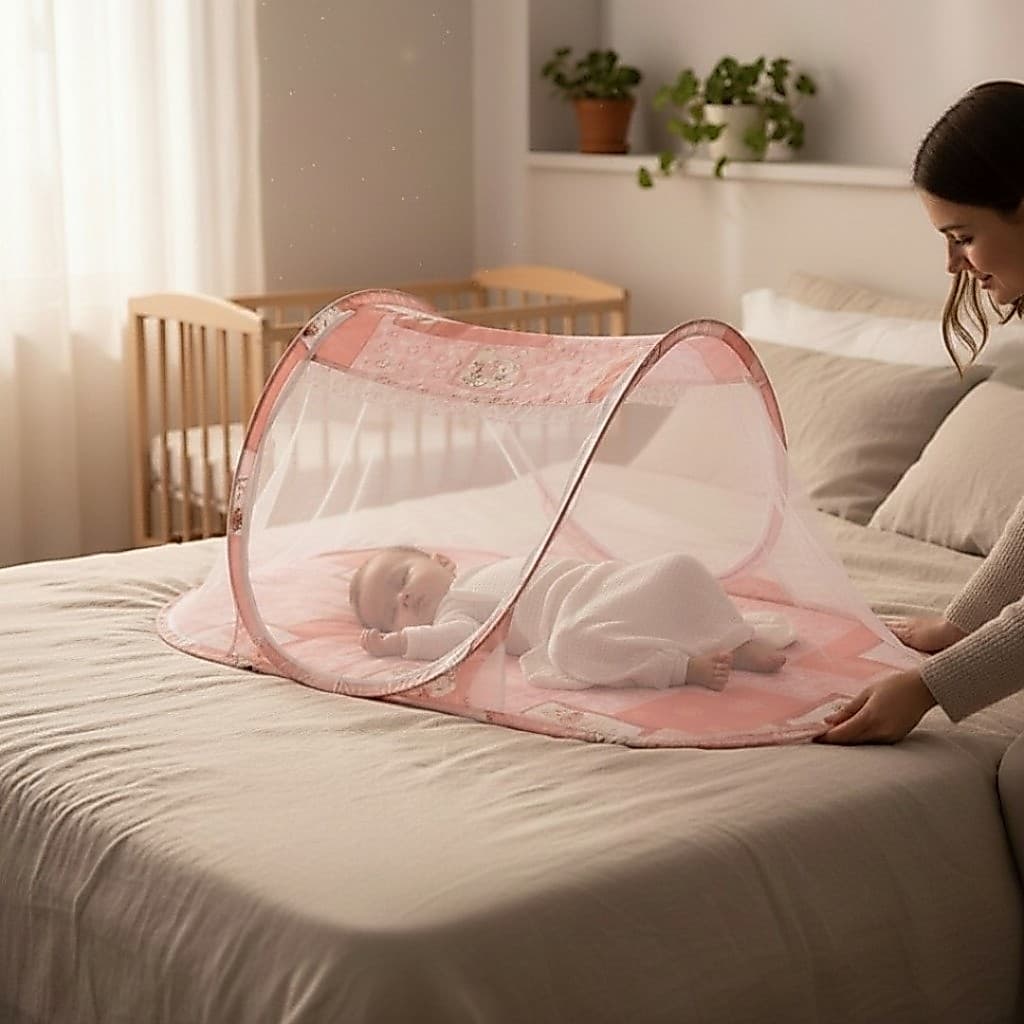 Mosquiteiro Berço Portátil Tenda Bebe Com Colchonete Cortinado Dobrável Proteção Contra Insetos Rosa Azul