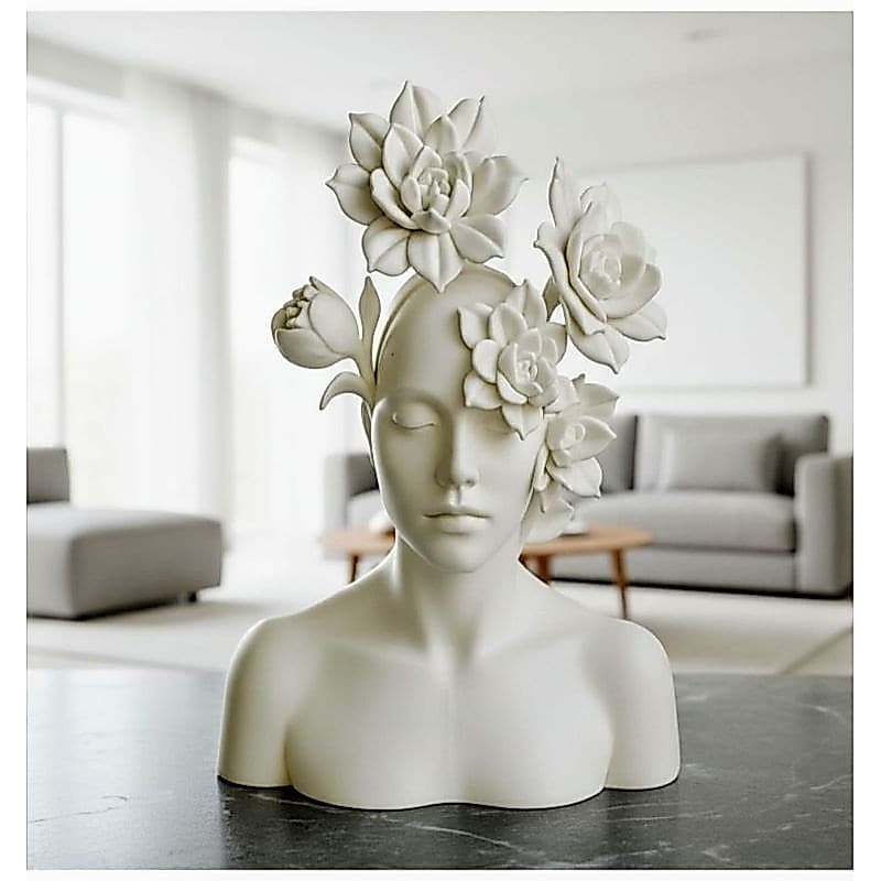 Escultura Decorativa 18cm Rosto Feminino com Flores  Decorativo para Clínica de Estética e Sala