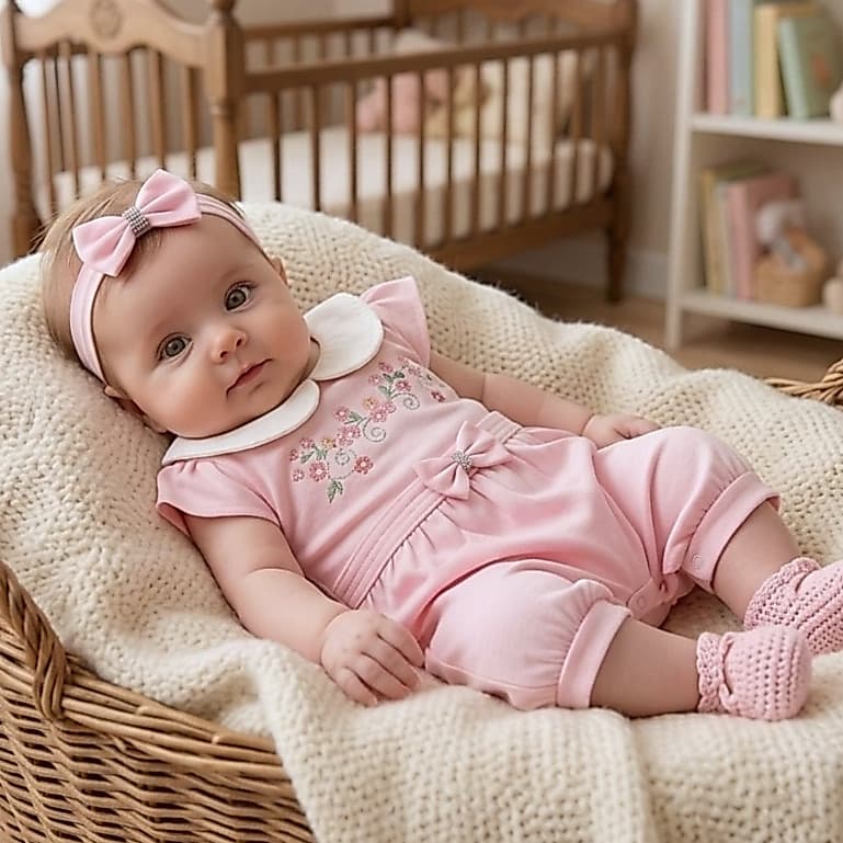 Macacão Gola Boneca Bebê Menina 100% Algodão Bordado Flores Laço Antialérgico Maternidade Luxo