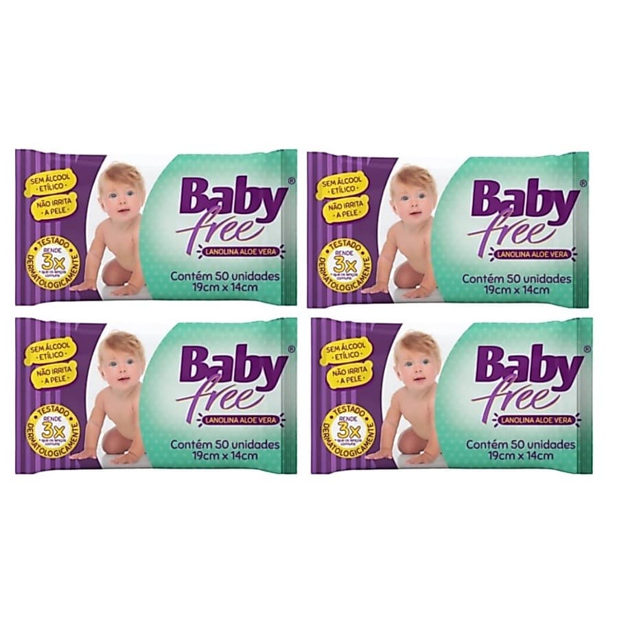 Kit com 4 Lenços Umedecidos Baby Free Toalha Umedecida Qualybless 4 Pacotes com 50 unidades