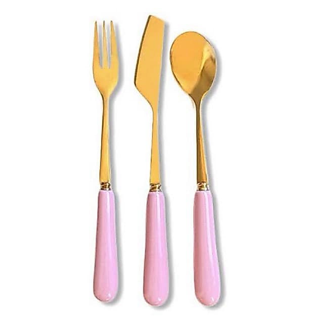 kit com 3 talheres de sobremesa rosa com dourado