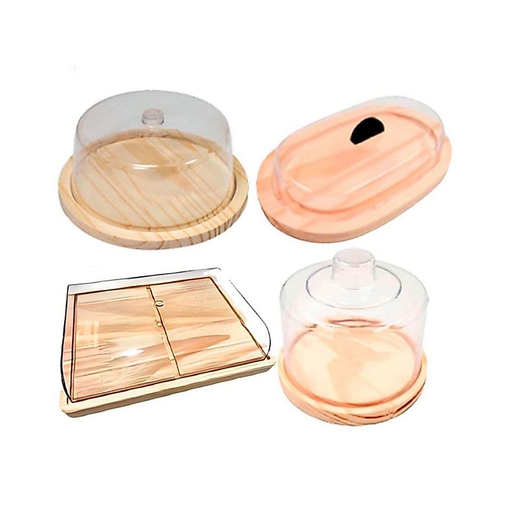 OFERTA 9.9 KIT 4pçs Porta Frios Médio (21X16,5CM), Queijeira, Boleira, Manteigueira Madeira NATURAL Tampa Acrilico