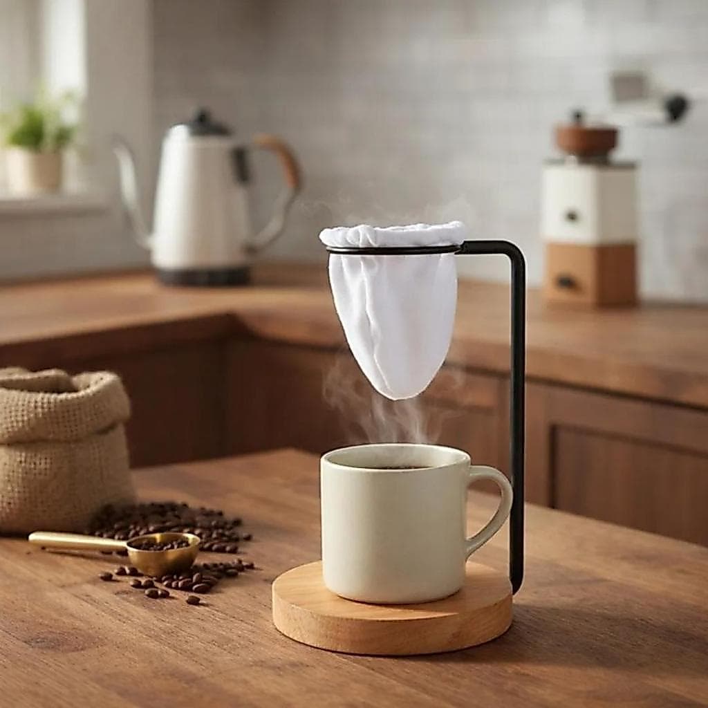 Suporte Mini Coador Individual Café Filtro Passador Pano Madeira e Ferro Rústico