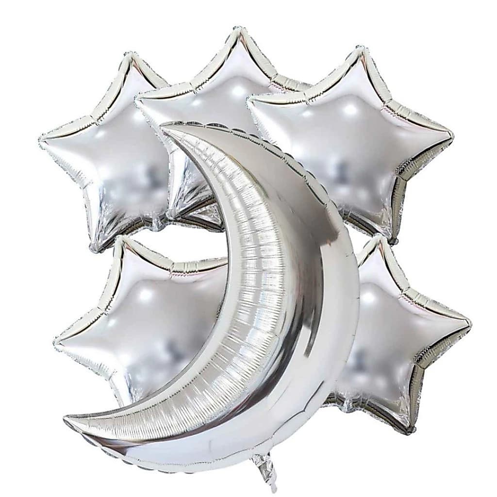 Kit c/ 6 Pcs Balão Metalizado 1 Lua Prateada 73cm + 5 Estrela Prata 45cm - Festa Decoração