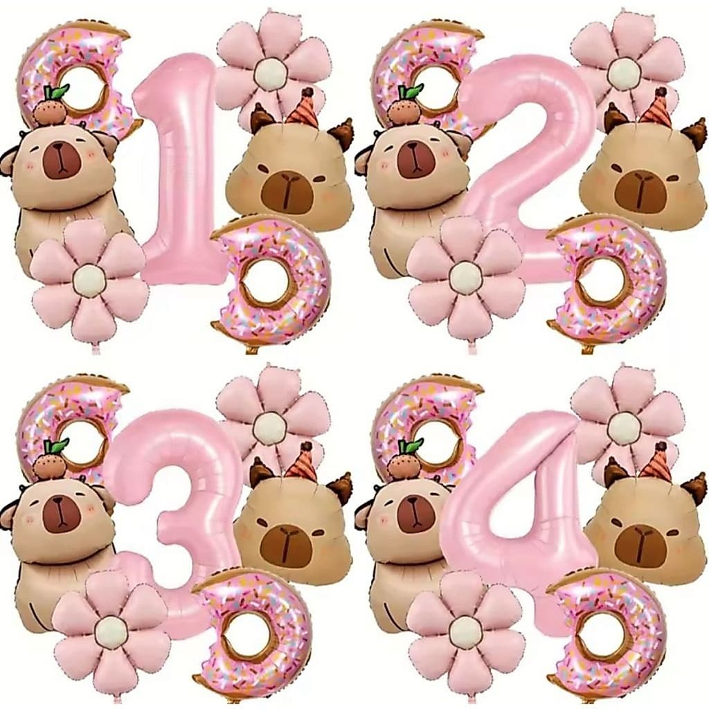 Balão Metalizado Capivara Capybara Flor Donuts Rosquinha Número Idade Kit 7 Balões Festa Aniversário Decoração Enfeite
