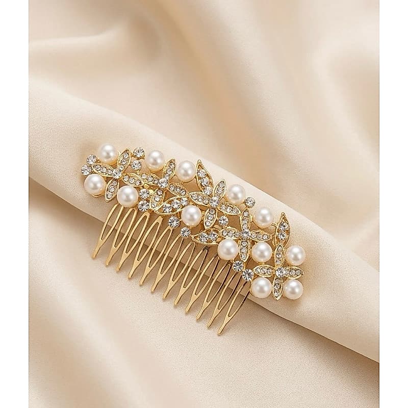 Pente de Cabelo com Strass e pérolas prata para Penteados Festa casamento enfeite dourado Formandas porta coque madrinha
