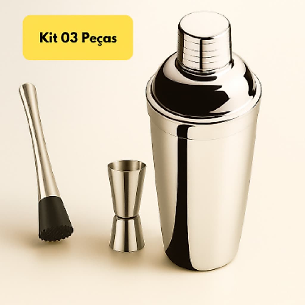Kit Barman/Bartender 500ml Inox Profissional 03 Peças - Coqueteleira, Socador, e Dosador