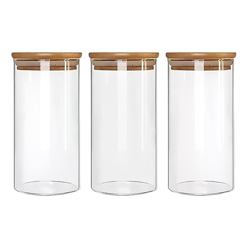 Kit 3 Potes Porta Condimentos Temperos De Vidro Com Tampa De Bambu Hermético Organizador 1 litro