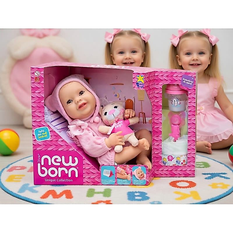 Boneca Bebe Reborn NewBorn - Abre e fecha os olhos-c/ursinho
