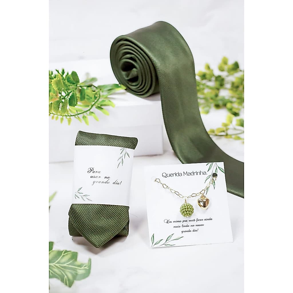 Gravata Verde Oliva 1200 fios Jacquard e Pulseira verde oliva para Padrinhos e madrinhas Casamento