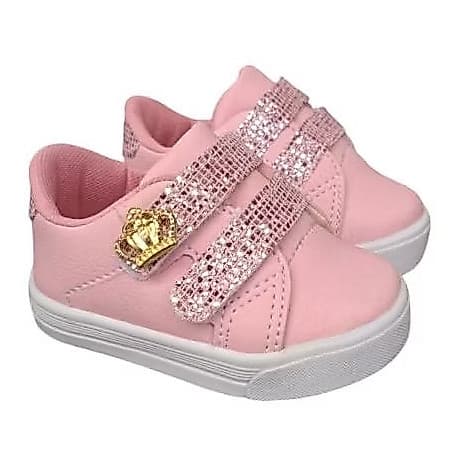 Tênis infantil feminino com ponta de gliter e enfeite de coroa