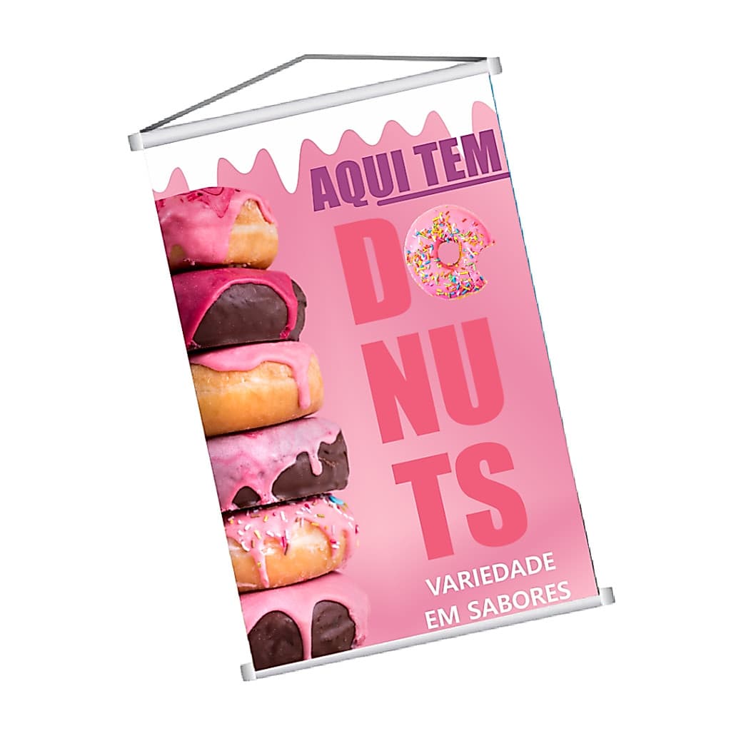Banner Aqui Tem Donuts Bastão e Corda 300g Impressão em Alta Qualidade Arte Pronta Envio Imediato