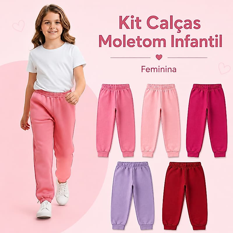 Kit Calças Moletom Infantil Feminina Menina Confortável Macia Casual Inverno