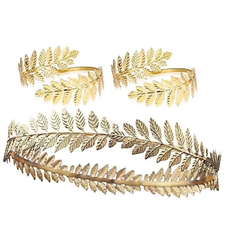 Acessório Deusa Grega Tiara Redonda Folhas Finas e bracelete para festa e fantasia