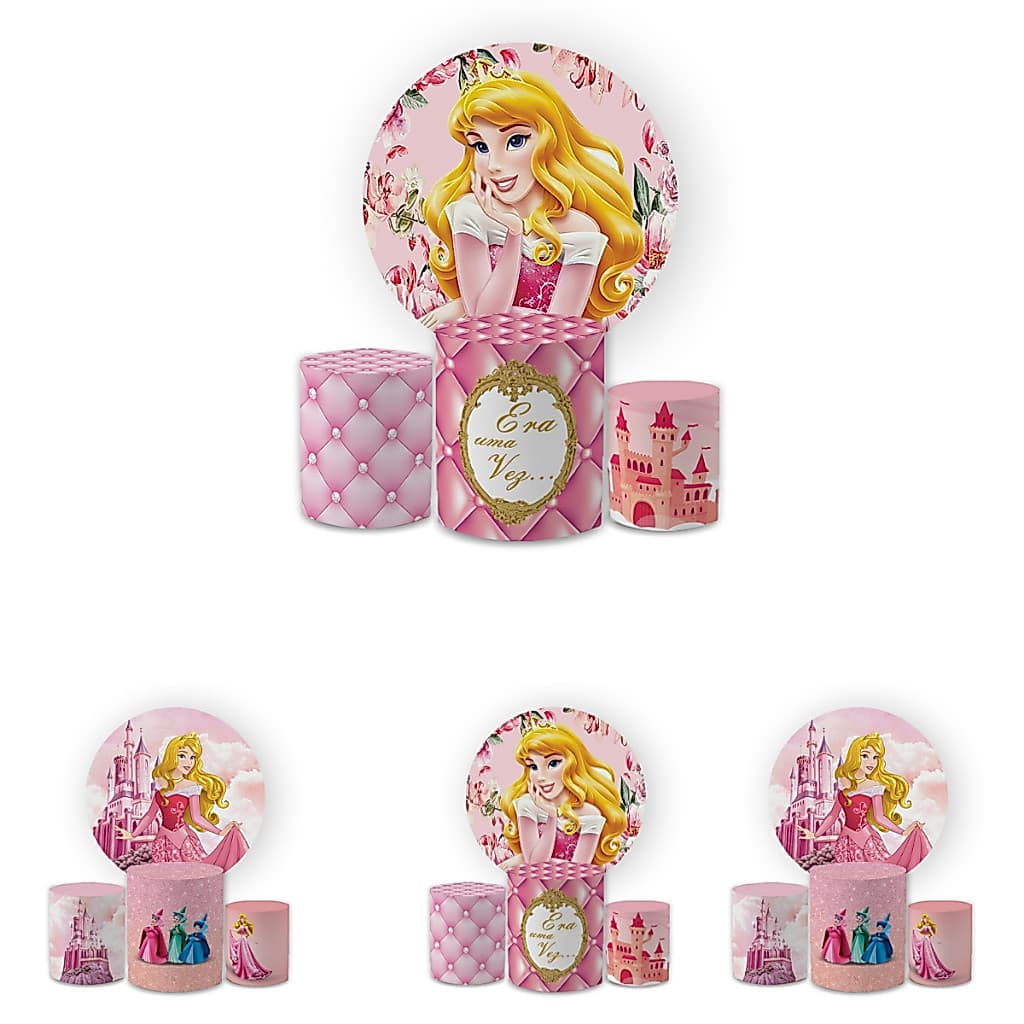 Kit Capa Painel Redondo 1,5 + Trio Capas Cilindros Tecido Sublimado Veste Fácil Princesa Aurora Menina Decoração