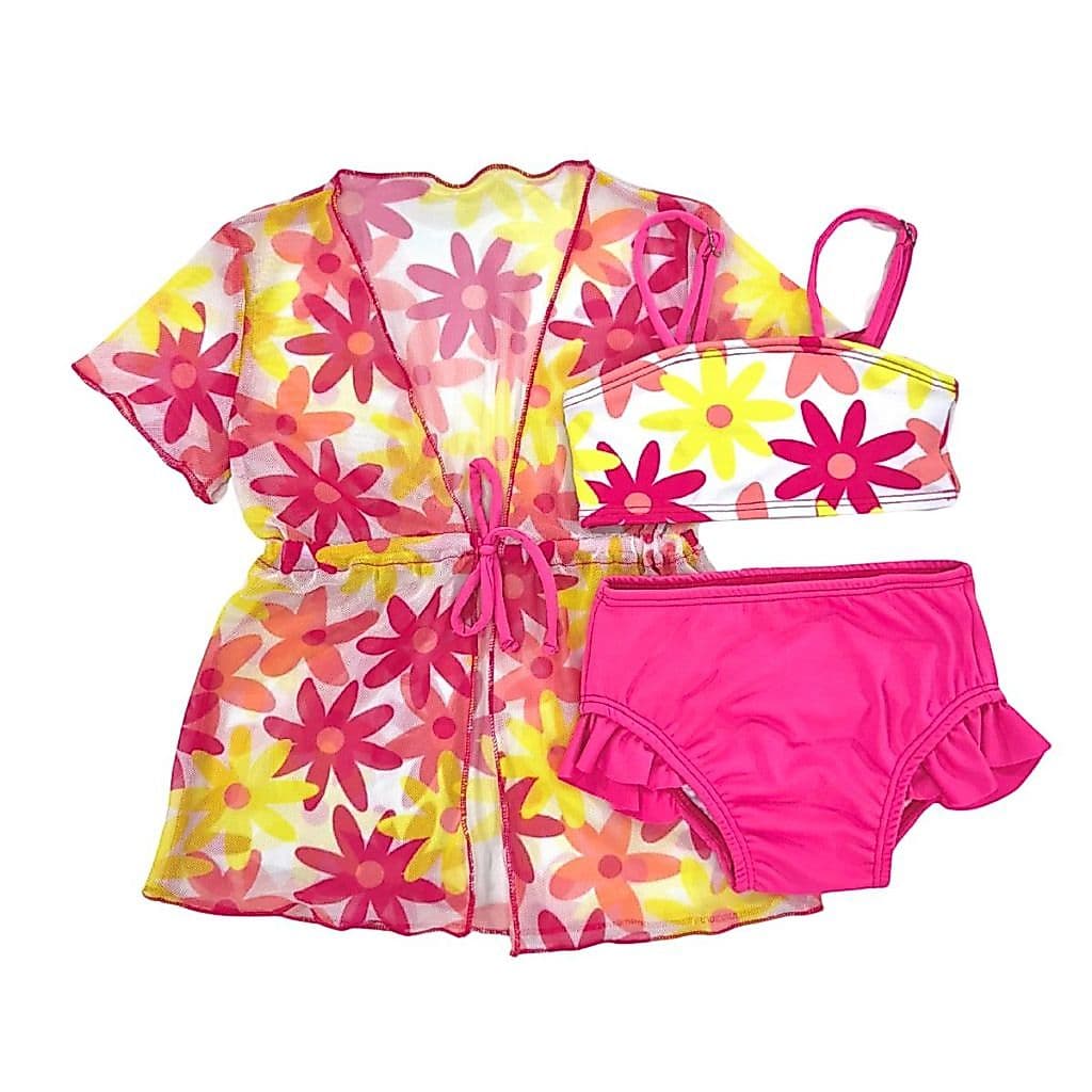 Kit Biquíni Top Faixa Forrado + Kimono Saída De Praia Tule Floral Infantil Menina