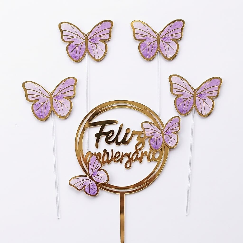 Enfeite Topo Bolo Borboleta Decoração para Bolo Dourado Elegante Festa Topper Placa Confeiteira
