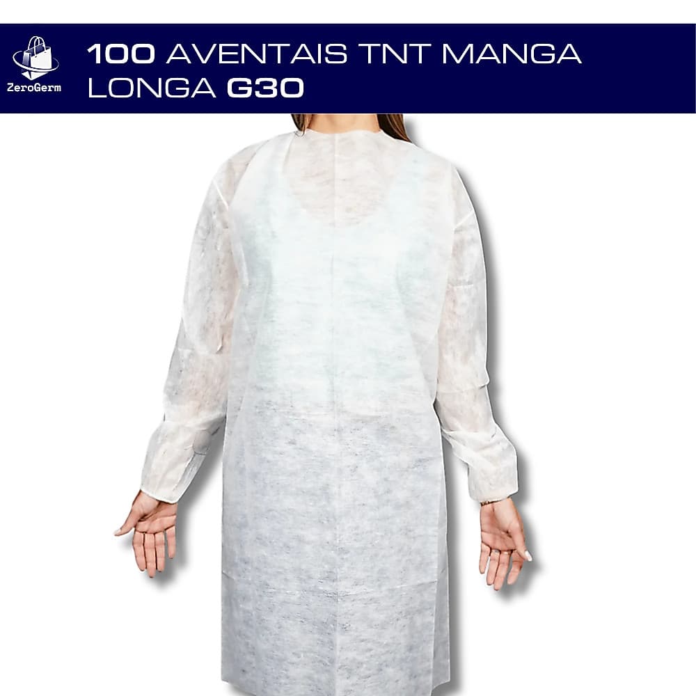 Kit 100 Avental Descartável TNT BRANCO G30 | Jaleco Manga Longa Capote Gramatura 30