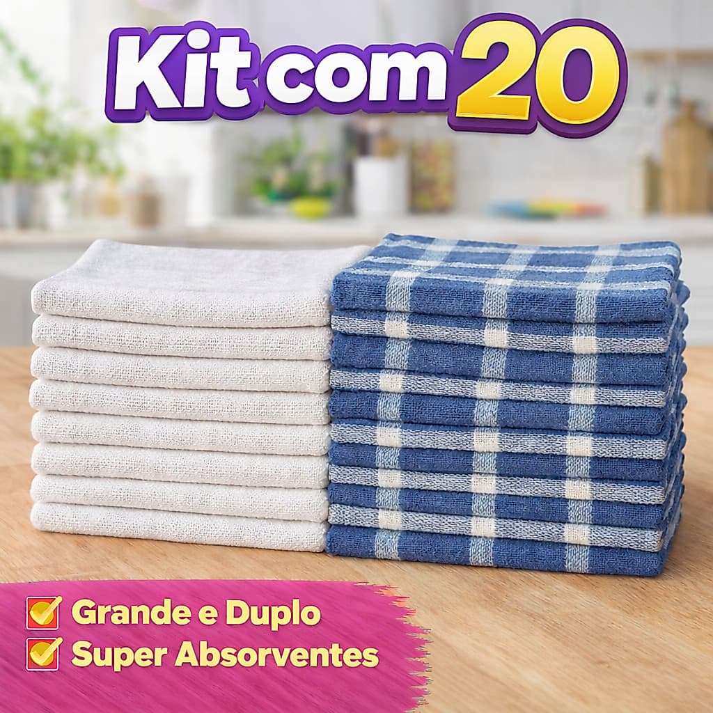 Kit 20 Panos de Chão Xadrez e Alvejado 70 x 40 cm Saco Duplo Reforçado e Grande para Limpeza de Casa