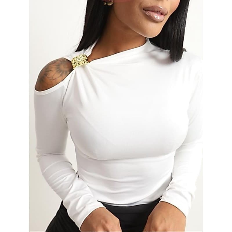 Blusa Zoe Premium Manga Longa Ombro Vazado Detalhe Dourado Suplex e Elegante Design Exclusivo e Versátil.