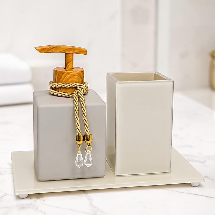 Kit Lavabo Porta Escovas Bege Vidro Sabonete Líquido Luxo 250ml