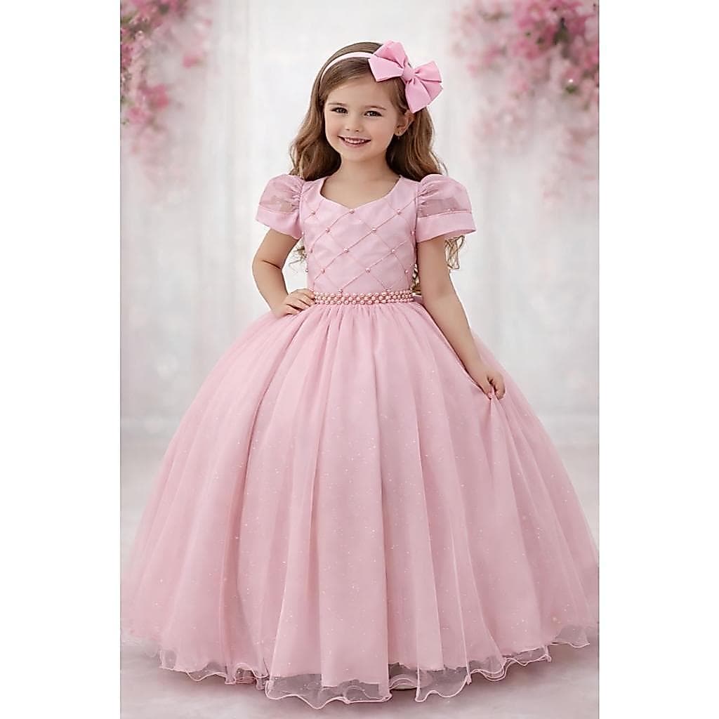 Vestido Infantil Longo Rose Busto Nervura Pérolas Damas Luxo