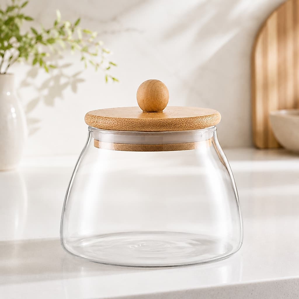 Pote Bolinha Hermético Vidro 450ml Tampa Bambu Porta Temperos Mantimentos Despensa
