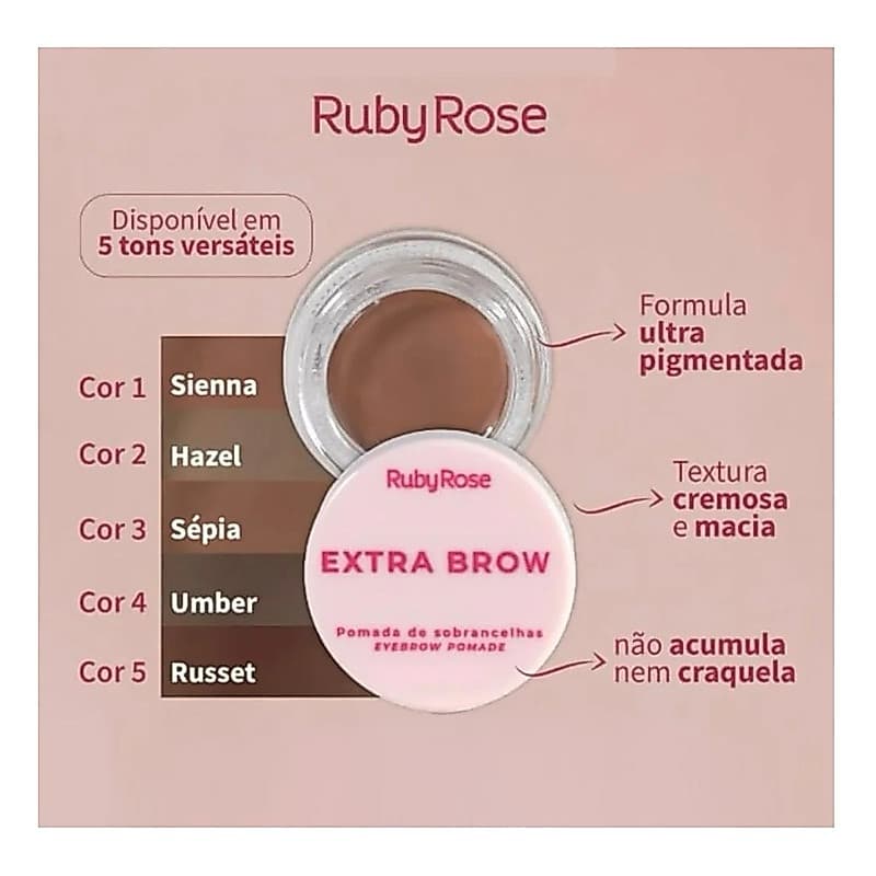 Pomada de Sobrancelhas Extra Brow Ruby Rose 5,3g Alta Pigmentação 5 Cores Sienna Hazel Sépia Umber Russet ✅