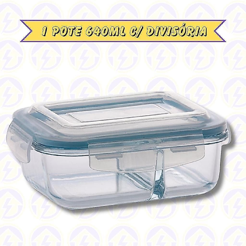1 Marmita de Vidro 640ML c/ Divisória e Tampa Hermética