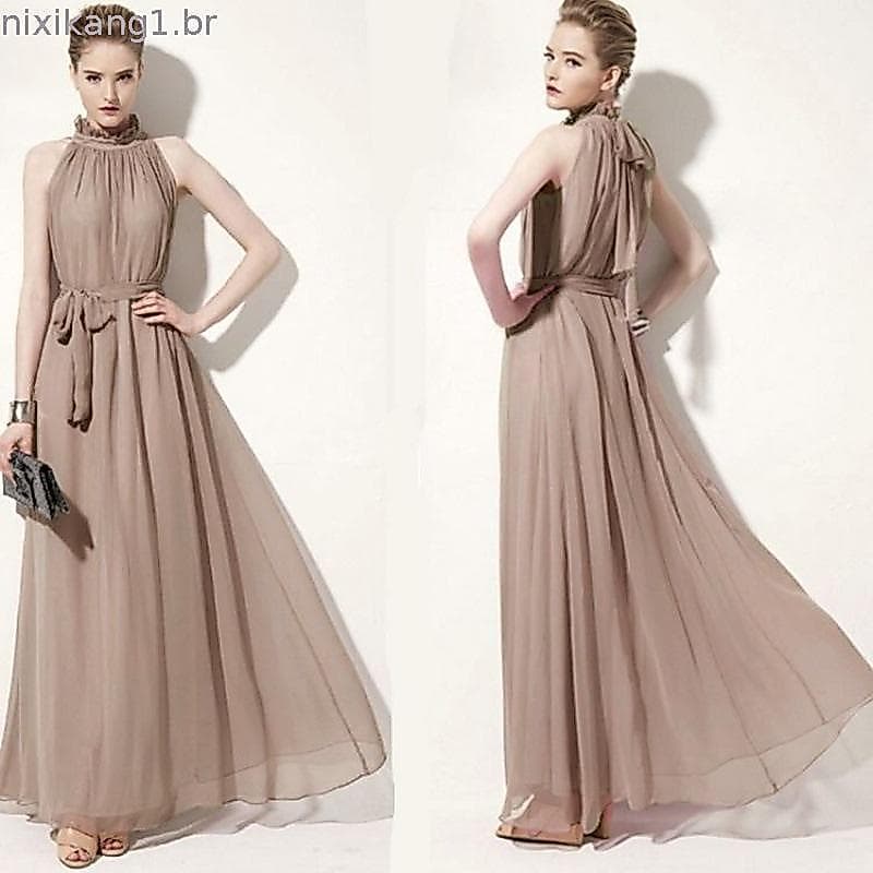 Mais Tamanho Roupa Feminina Roupa Feminina Gordura MM Boêmia Halter Neck Stand-Up Colarinho Chiffon Vestido de Dama de