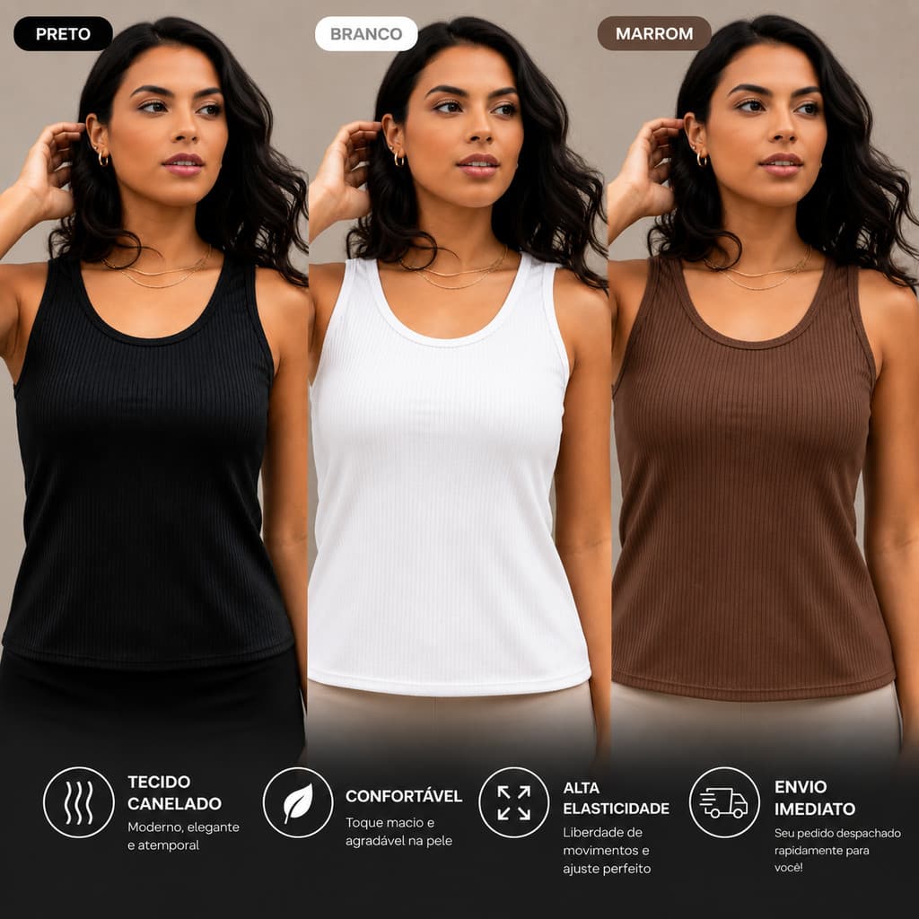 KIT 3 BLUSAS REGATA FEMININA RIBANA CANELADA BASICA - ENVIO IMEDIATO