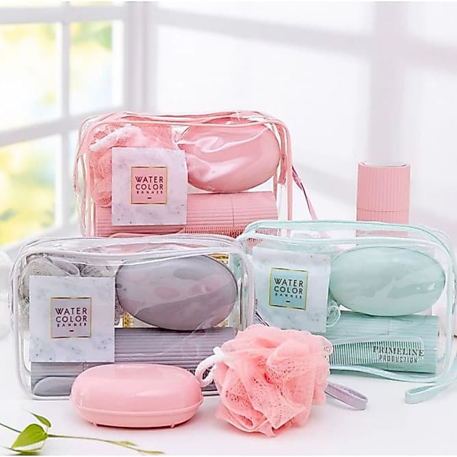 5 Peças Kit de Viagem Com Bolsa Porta Escova Pente Saboneteira e Ducha Compacto Para Viagem