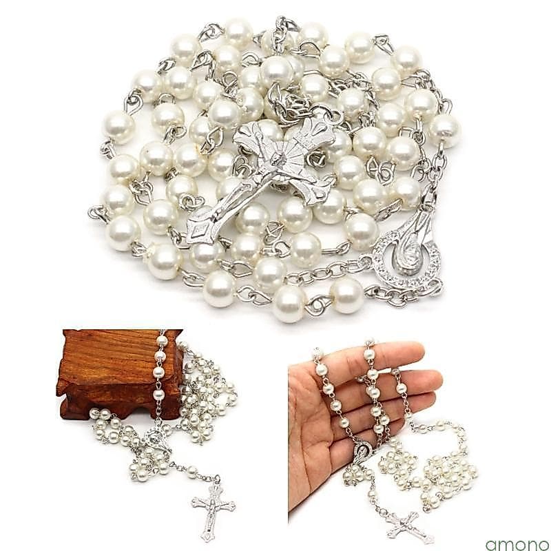 Amon Colar Católico Branco-Pérola Longa Corrente Rosário Senhora Longo Jesus Jóias