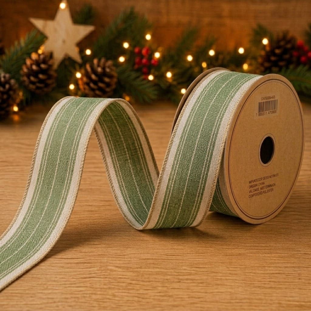 Fita Natalina Aramada Decorativa 6,3x9,14cm Verde com Bege Rústica Arvore de Natal Premium Luxo
