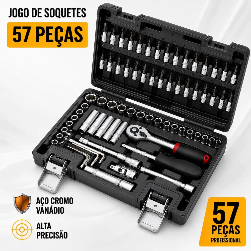 Jogo 57 Peças Soquetes 1/4” Aço Cromo - Estojo Profissional para Mecânica Automotiva