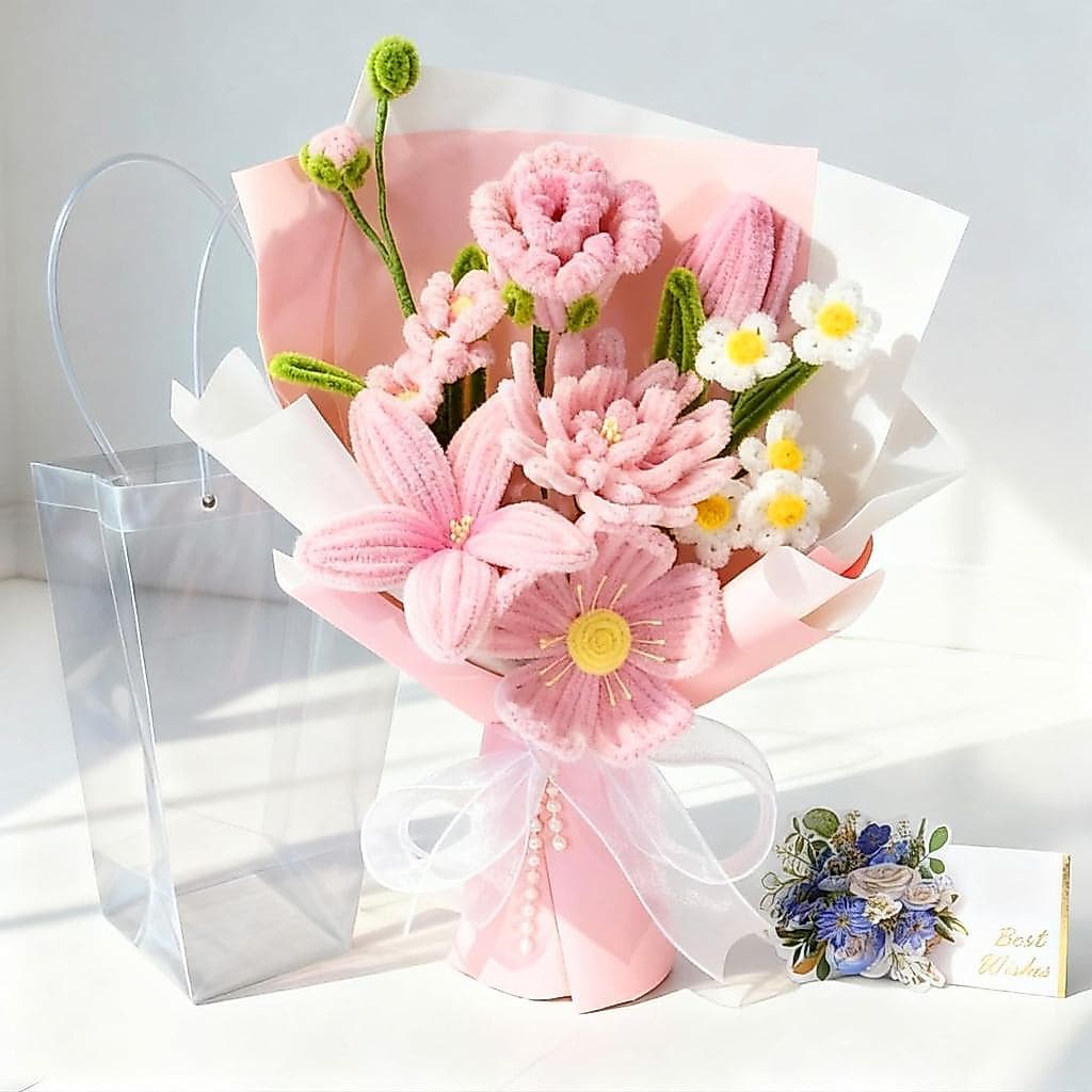 Buquê de Flores de Crochê e Artesanato, Flores Artificiais Preservadas, Presentes para Mulheres, Amantes, Aniversário, D