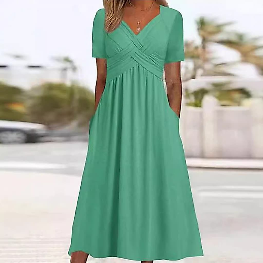 2026 outono novo estilo Cross-Border cor sólida com decote em V manga curta vestido exclusivo roupas femininas
